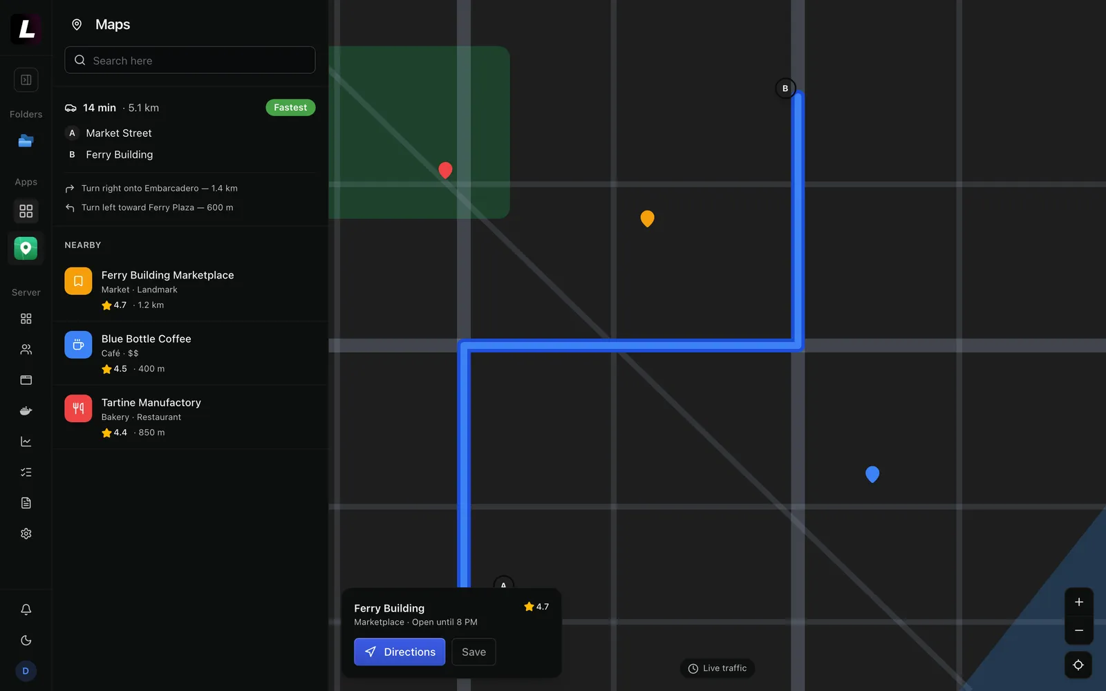 Maps — Map explorer with search, directions, and nearby places.
